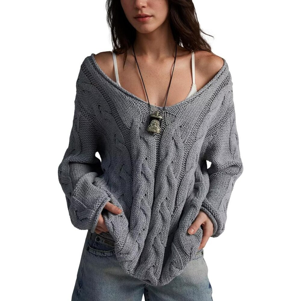 Women's Cotton Blend Oversized V-Neck Sweater Chunky Cable Knit Fall Cozy Pullov